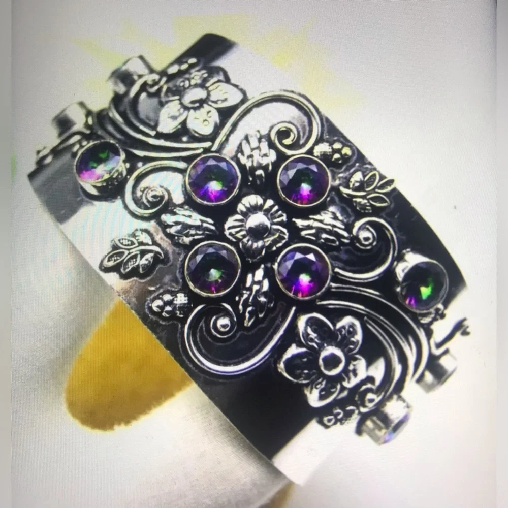 Mystic Topaz Stamped Solid 925 Sterling Silver Cuff Bracelet